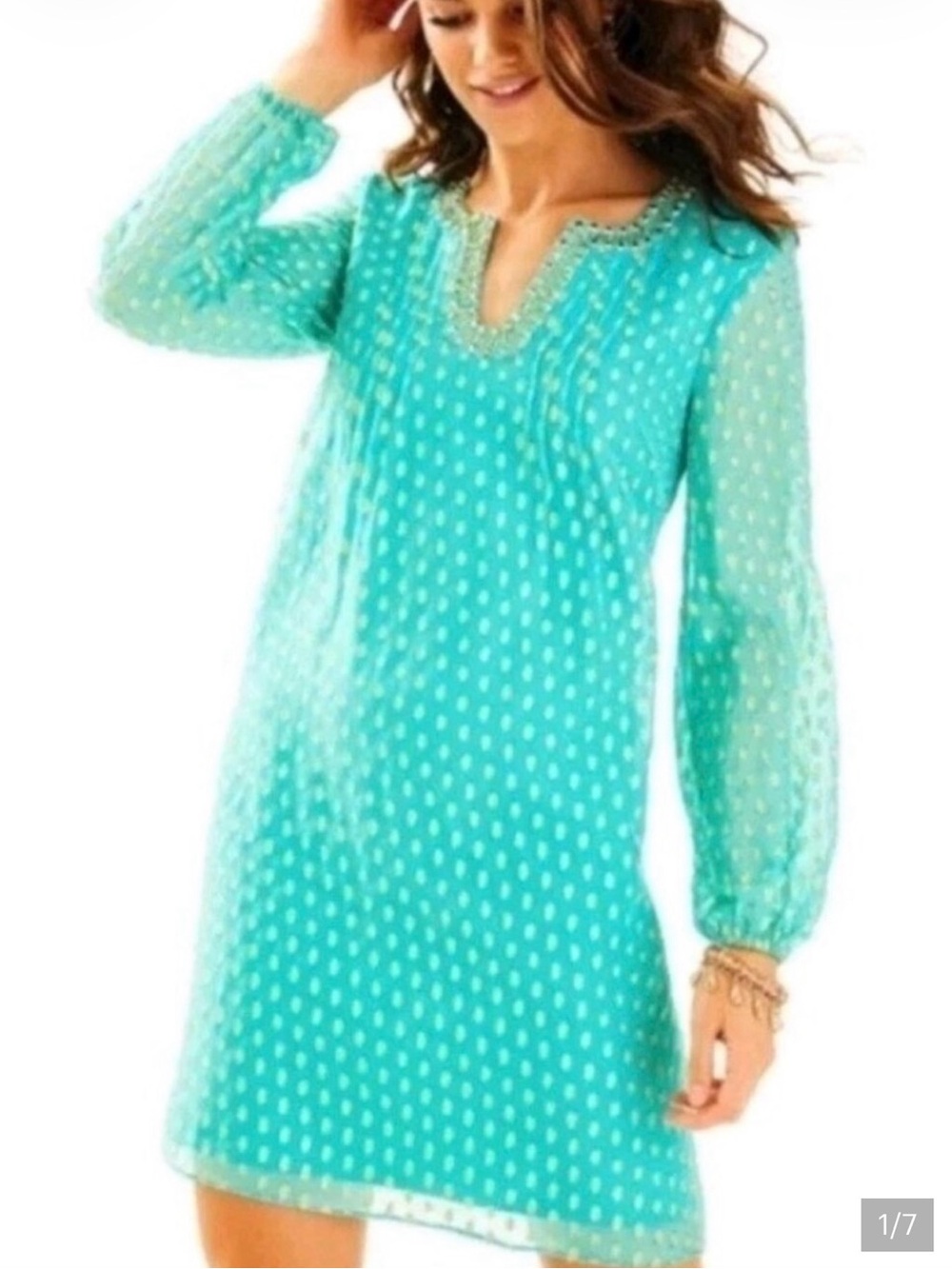 Lilly Pulitzer Colby Silk Mint Green Long-Sleeve Tunic dress with Gold Accents. - Picture 2 of 9